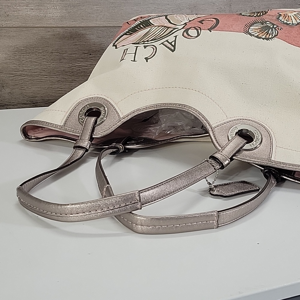 Coach Canvas Tote with Pink Stripe and Seashell Motif Tote Shoulder Bag F19273 - Picture 6 of 16